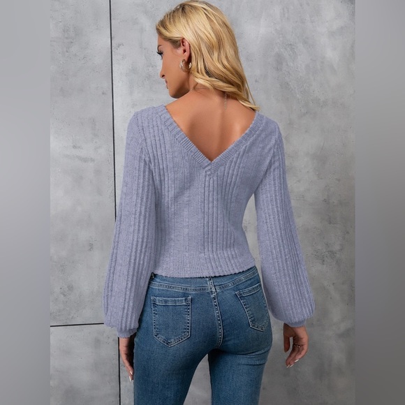 Solid Lantern Sleeve V Neck Rib Knit Sweater - Picture 2 of 3